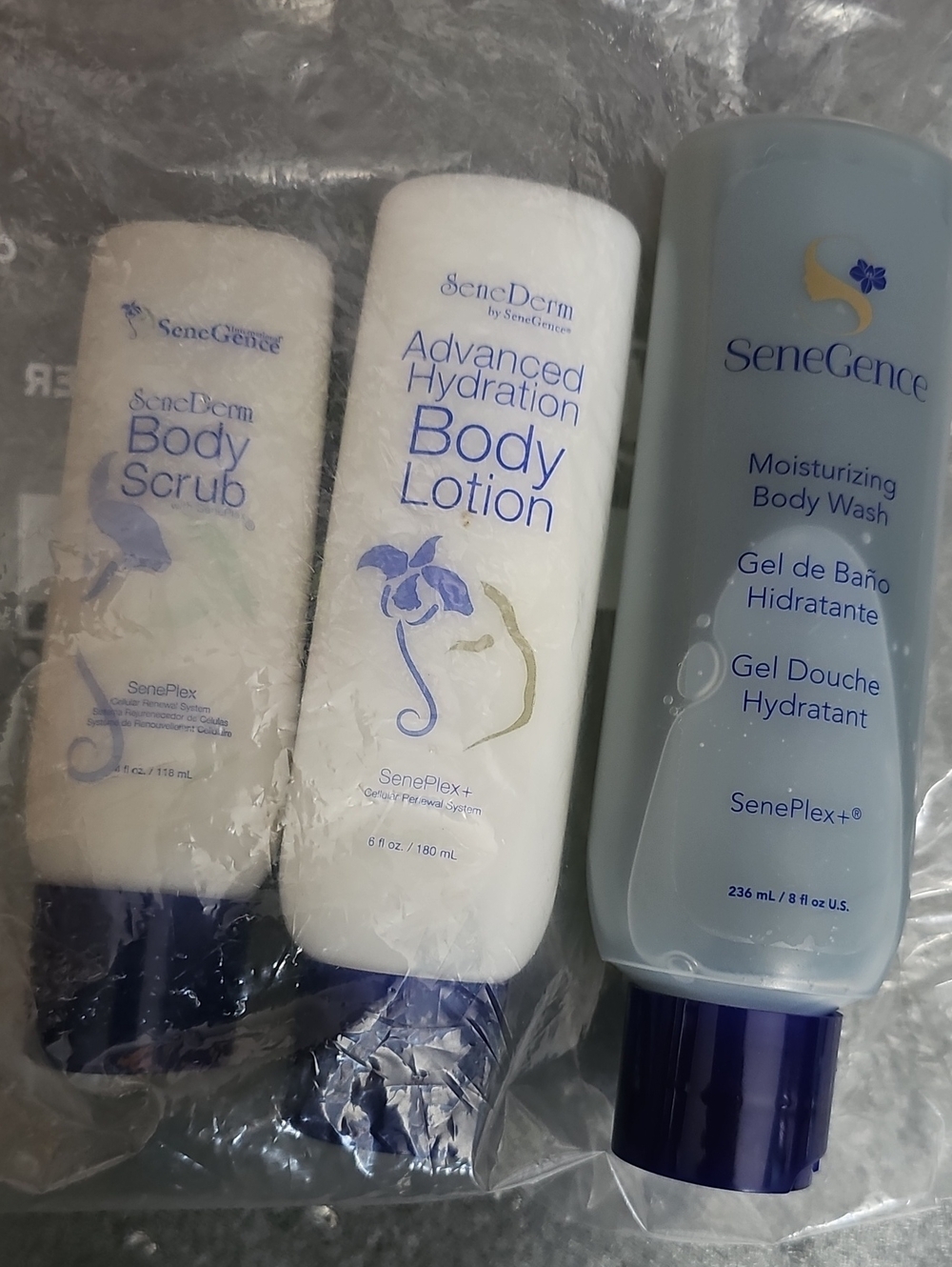 SeneGence Moisturizing Body Wash, Lotion & Scrub Set TESTERS